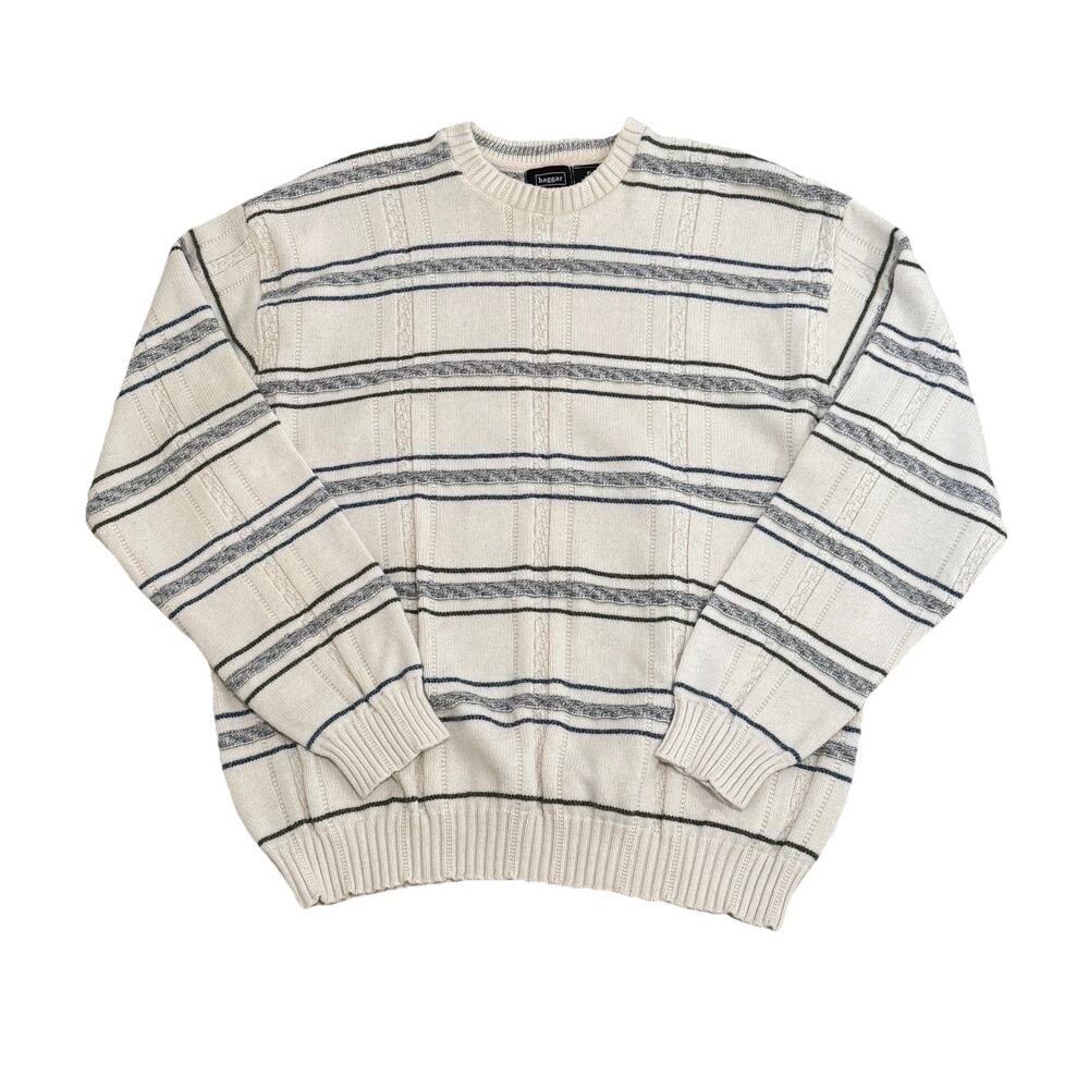 Vintage Haggar Grandpa Sweater Mens XL Cream Striped Cotton Blend Crewneck Cozy